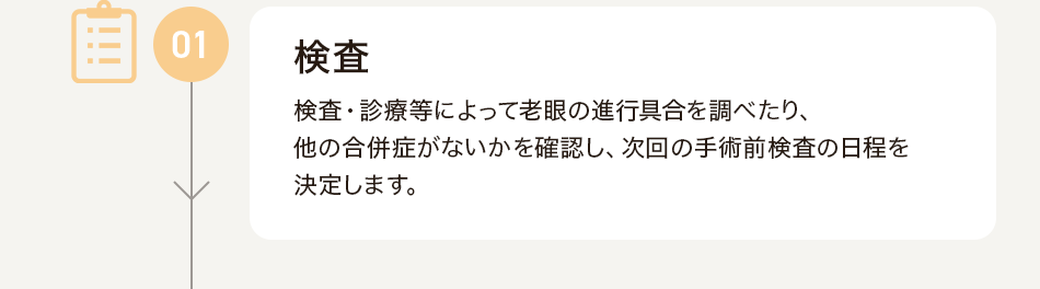 01 検査 検査・診療等によって老眼の進行具合を調べたり、他の合併症がないかを確認し、次回の手術前検査の日程を決定します。